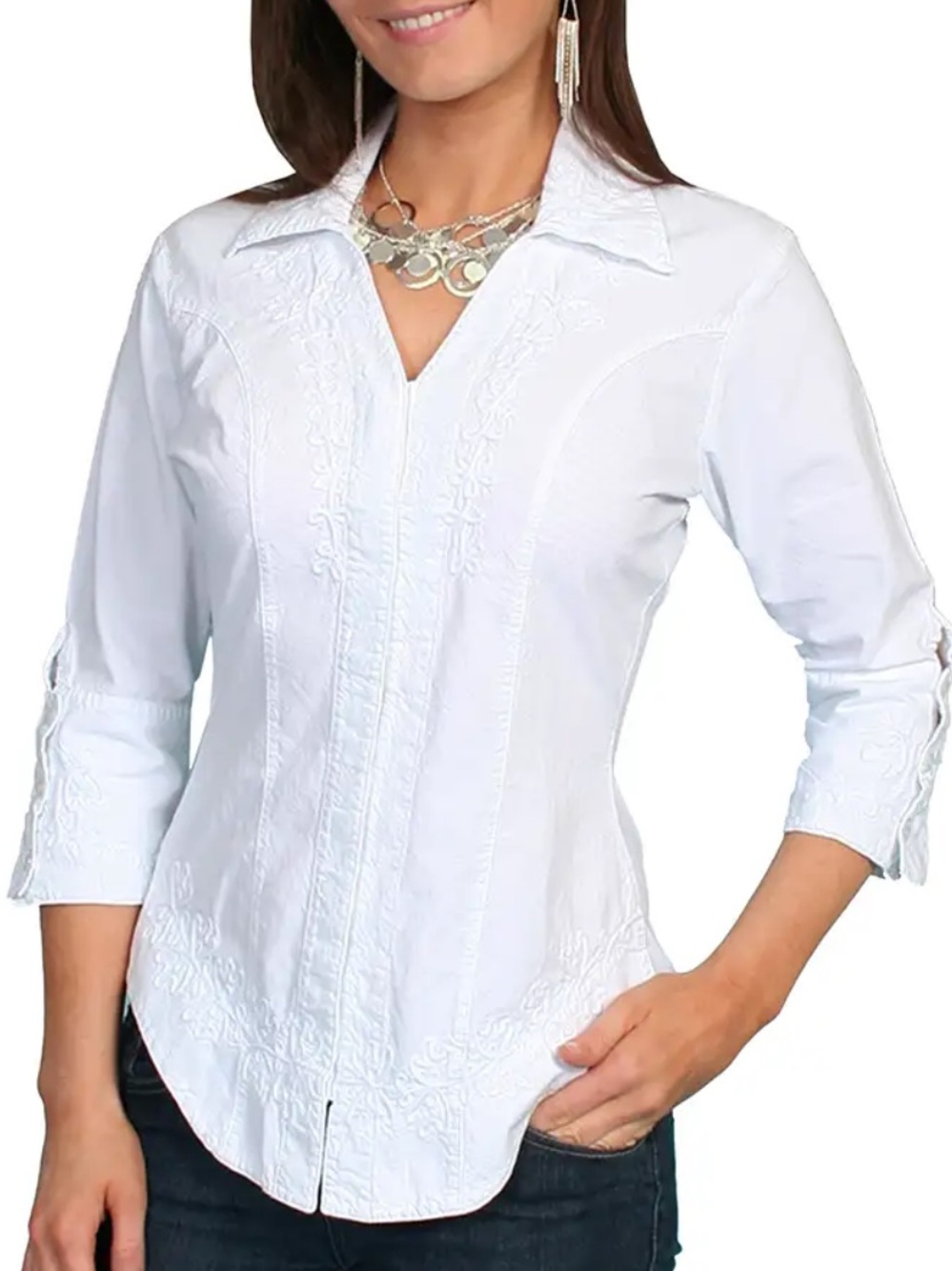 Scully Cantina Collection White Embroidered Button Down Shirt Size Medium